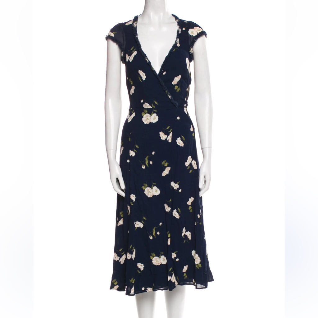 Reformation Navy Blue Floral Wrap Dress Size Xsmall